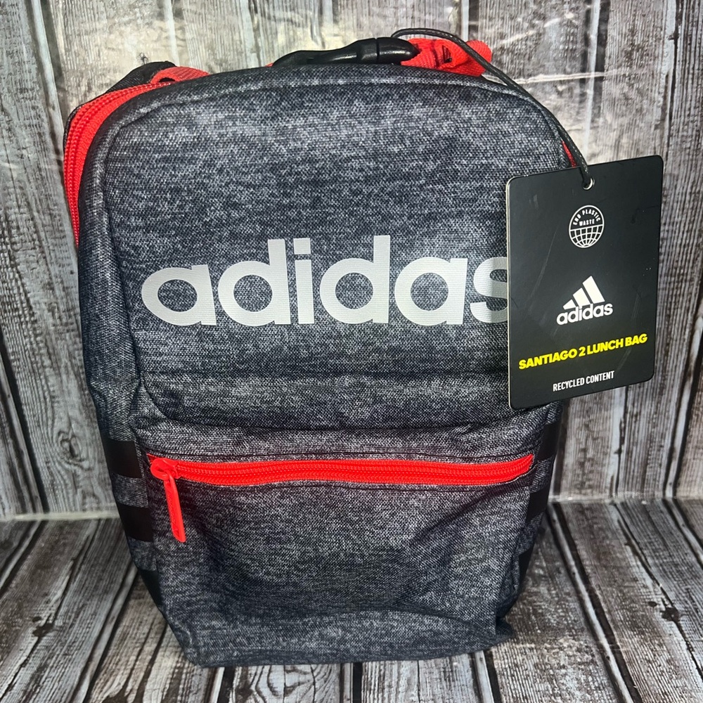 Adidas Insulated Lunch Bag Front Zip Pocket,‎ Clip Handle Dark Gray & Red NEW!